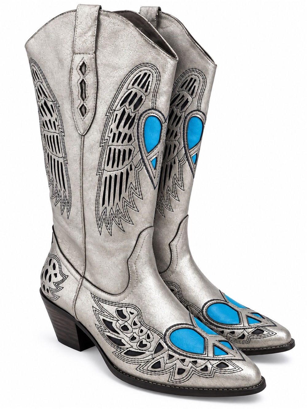 Via Venato Metallic Silver & Turquoise Peace Sign Western Cowboy Boots – Size 10